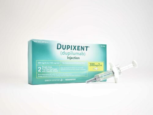 Product shot of Dupixent (dupilumab).
